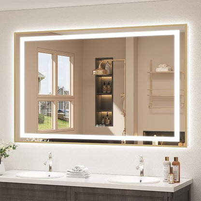 OKPAL 57x36 Gold LED Bathroom Mirror Metal Framed Front Light & Backlit, Lighted Mirror for Bathroom Wall, Anti-Fog, Dimmable, Shatterproof, ETL Listed, Horizontal/Vertical