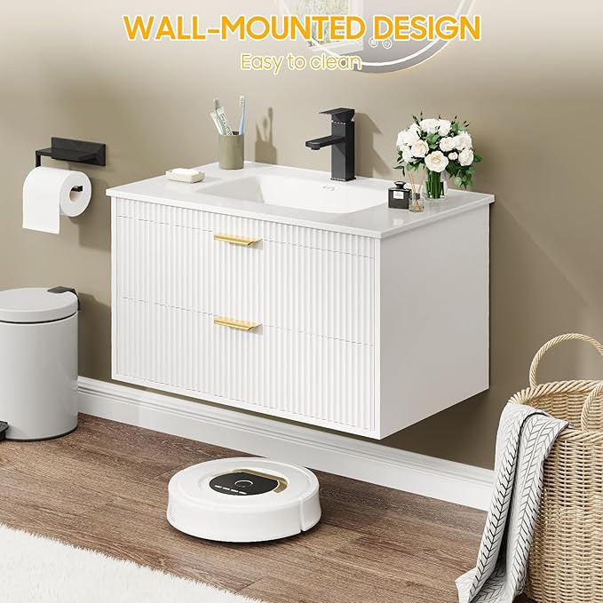 Vabches 24 Inch Bathroom Vanity with Sink, Wood Grain Wall Mounted Vanity with 2 Storage Darwers, Floating Bathroom Vanity with Storage, Bathroom Floating Vanity with Sink, Faucet, Drain, White