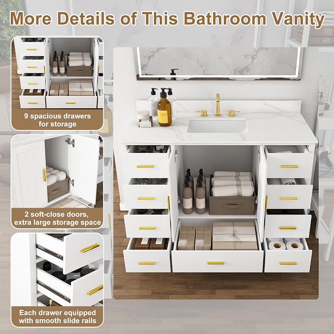 48 Inch Bathroom Vanity with Sink&Countertop,Carrara White Quartz Counter Top with Sink&Backsplash,White Bathroom Cabinet Set with 2 Doors and 9 Drawer(Three Holes)