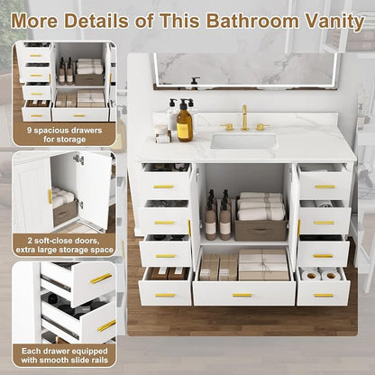 48 Inch Bathroom Vanity with Sink&Countertop,Carrara White Quartz Counter Top with Sink&Backsplash,White Bathroom Cabinet Set with 2 Doors and 9 Drawer(Three Holes)