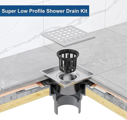 Neodrain 4 in Brushed Square Shower Drain w/Removable Grate &Drain Key | 304 Stainless Steel Shower Drain, ABS Bonding Flange Base for Low Profile Shower Pan, CUPC Certified