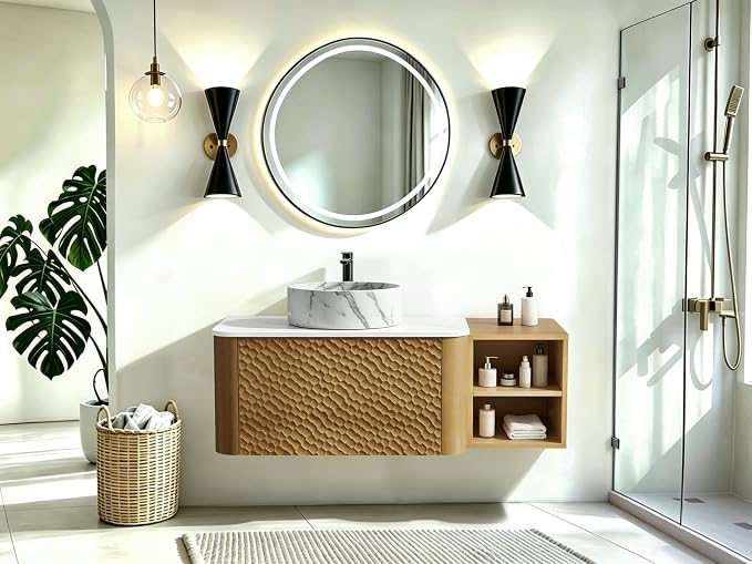 42 Inch Modern Bathroom Vanity with Ceramic Sink, Floating Bathroom Sink Cabinet with Sintered Stone Top&Solid Wood Hammered Frame, Single Bathroom Vanities w/Soft-Close Drawer&Side Open Cube
