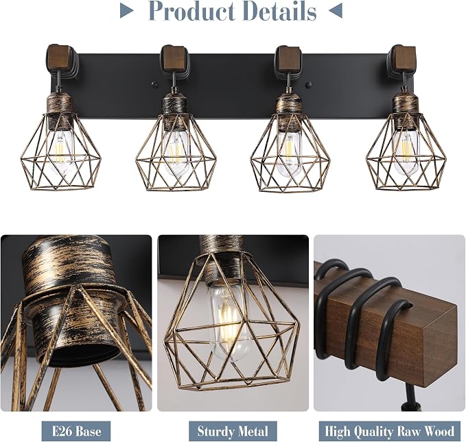 VbiTmn Black Gold Bathroom Light Fixtures, 4-Light Farmhouse Vanity Light | Wood Vanity Lights, Rustic Wall Mount Over Mirror for Bedroom & Hallway, Easy to Install, Sturdy Build for Bathroom Use