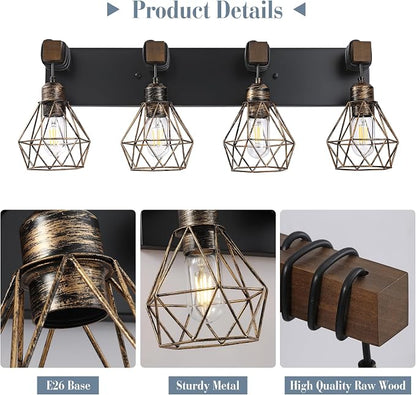 VbiTmn Black Gold Bathroom Light Fixtures, 4-Light Farmhouse Vanity Light | Wood Vanity Lights, Rustic Wall Mount Over Mirror for Bedroom & Hallway, Easy to Install, Sturdy Build for Bathroom Use