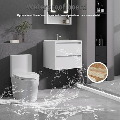 White Floating Bathroom Vanity with Sink, 23x18 Inch Wall Mounted Bathroom Cabinet with 2 Drawers, Modern Single Sink Vanity for Small Bathroom, Space-Saving Storage Cabinet