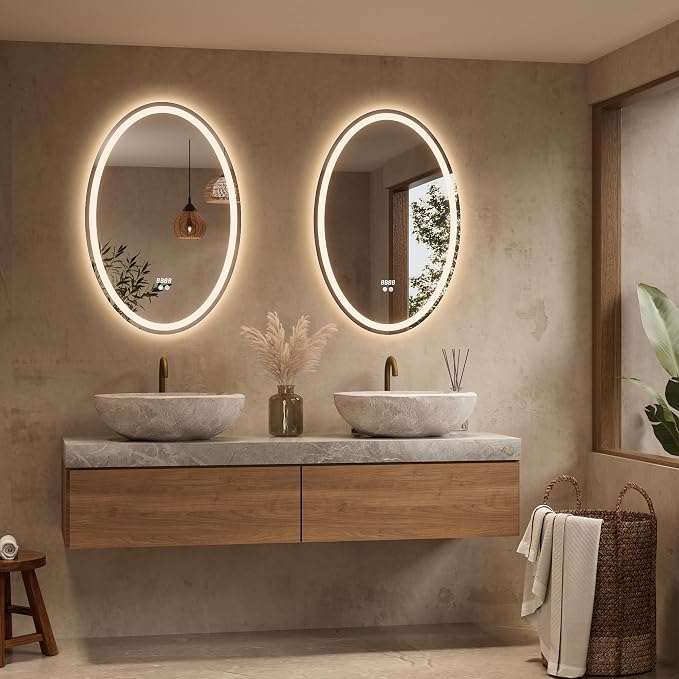 Keonjinn 24" x 36" Oval LED Bathroom Mirror with Frontlit and Backlit | HD Tempered Glass, 3 Colors Temperatures, Fast Defogging, Memory Function, Stepless Dimmable, Easy Install, Plug in/Hardwired