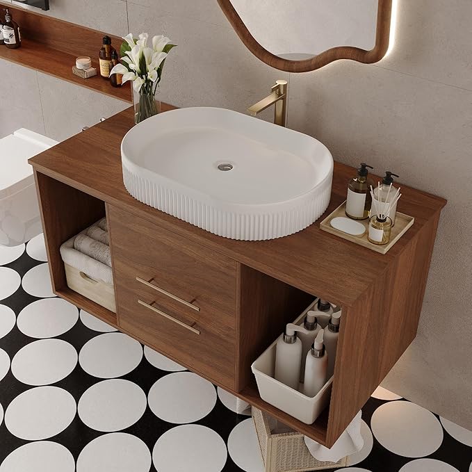 40" Bathroom Vanity with Sink Set, Modern Wall Mounted Bathroom Vanity Cabinet with Above Oval Ceramic Sink,Gold Handle 2 Drawers&2 Open Storage, Single Sink Floating Bathroom Vanity, Walnut