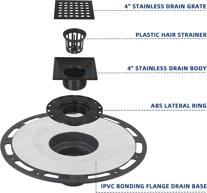 4-Inch Square Shower Drain Kit with Bonding Flange, Matte Black | Removable 304 stainless steel grate with hair strainer; fits 2- and 3-inch pipes for tiled shower floors and wet areas