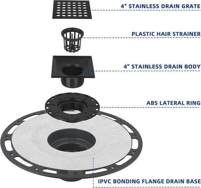 4-Inch Square Shower Drain Kit with Bonding Flange, Matte Black | Removable 304 stainless steel grate with hair strainer; fits 2- and 3-inch pipes for tiled shower floors and wet areas