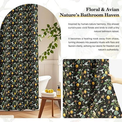 Floral Bird Shower Curtain 72x72, Hummingbird and Lemon Botanical Fabric Bath Curtains, Lightweight Quick-Dry Bathroom Decor Set with Hooks, Black