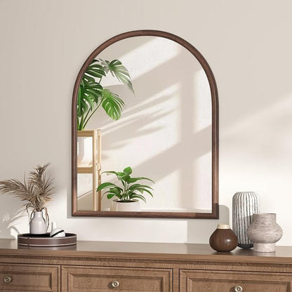 28"x32" Arch Wall Mirror for Wall, Wall Mounted Vanity Mirror for Bedroom, Wood Grain Finish Frame Mirror with Tempered Glass, Vintage Decorative for Bathroom, Entryway, Living Room, Walnut
