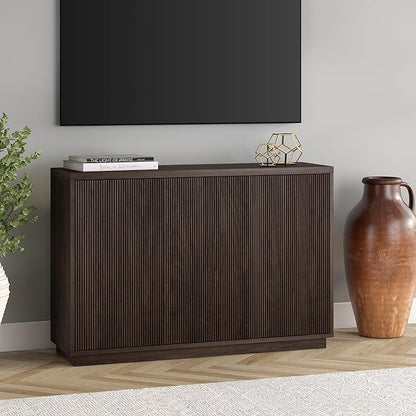 Henn&Hart 48" Fluted Sideboard Buffet Cabinet, Ribbed Wooden Credenza with 3 Doors, Adjustable Shelves, and Cable Management Cut-Outs for Dining Room, Kitchen, Living Room or Entryway, Warm Brown