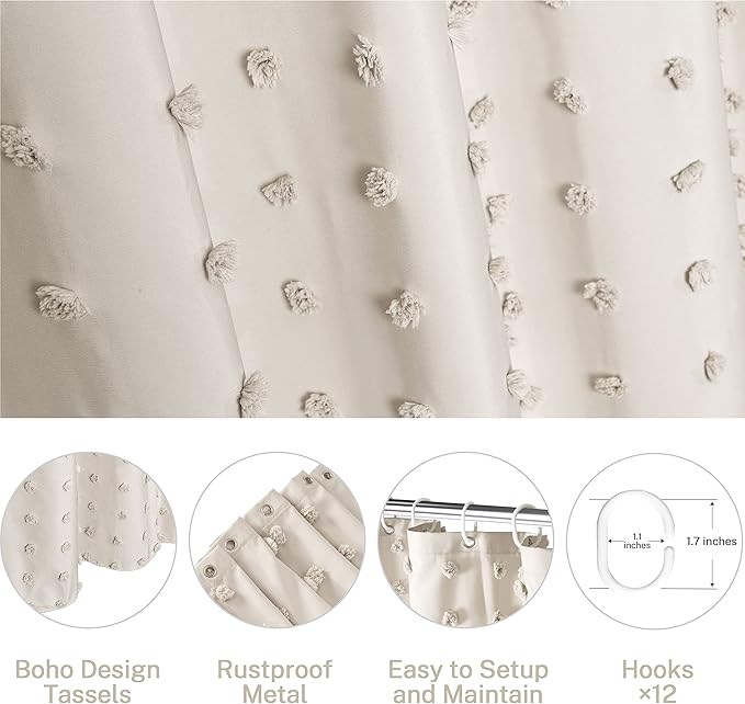 Boho Farmhouse Beige Shower Curtain, 72 x 72 Tufted Pleat Floral Puffs Textured Modern Farmhouse Minimalist Shower Curtain Set with Hooks for Bathroom