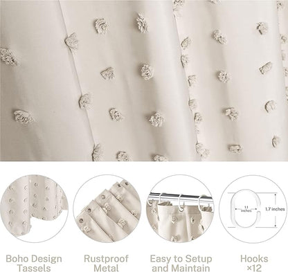 Boho Farmhouse Beige Shower Curtain, 72 x 72 Tufted Pleat Floral Puffs Textured Modern Farmhouse Minimalist Shower Curtain Set with Hooks for Bathroom