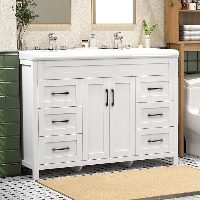 48 Inch Bathroom Vanity with Sink, Bathroom Vanity Cabinet with Doulble Sink, Bath Vanities with 2 Doors and 4 Drawers, White (20" D x 48" W x 36" H)