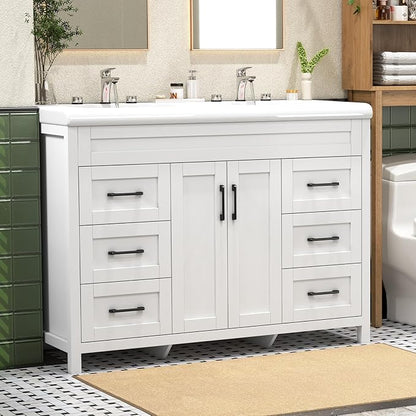 48 Inch Bathroom Vanity with Sink, Bathroom Vanity Cabinet with Doulble Sink, Bath Vanities with 2 Doors and 4 Drawers, White (20" D x 48" W x 36" H)