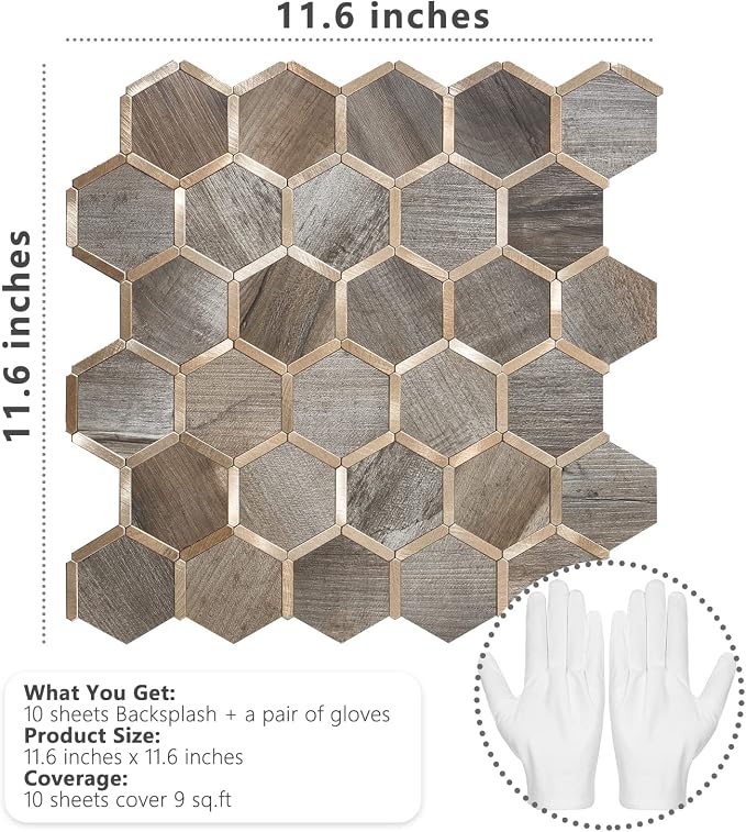 STICKGOO Hexagon Peel and Stick Backsplash Tile, Stick on Backsplash for Kitchen and Bathroom, Wood Texture PVC Mixed Metal Gold Self Adhesive Wall Tiles(10 Sheets, Seamless)