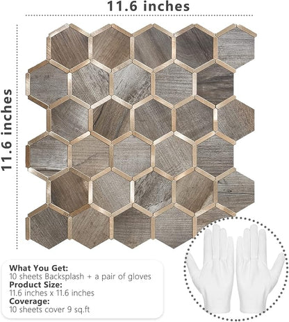 STICKGOO Hexagon Peel and Stick Backsplash Tile, Stick on Backsplash for Kitchen and Bathroom, Wood Texture PVC Mixed Metal Gold Self Adhesive Wall Tiles(10 Sheets, Seamless)