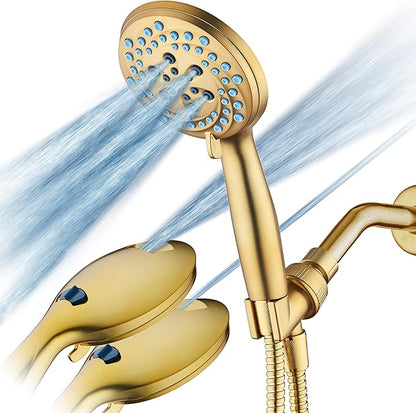 AquaCare New 8-mode High Pressure Handheld Shower Head w/ 2-way Power Wash | Stay Clean Nozzles, Dual Power Wash for Tub, Tile & Pets, Long 6 ft. Stainless Steel Hose, Wall & Overhead Brackets / Gold
