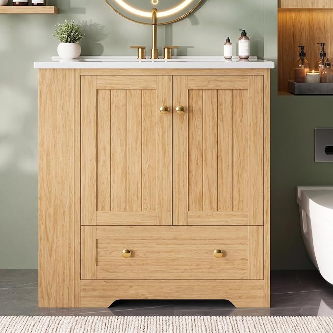 IRONCK Bathroom Vanity with Ceramic Sink, 30" Bathroom Cabinet, Natural | Features a Ceramic Sink, 3 Doors, 1 Drawer and Flexible Side Storage for Organized Bathroom Storage