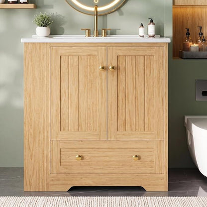 IRONCK Bathroom Vanity with Ceramic Sink, 30" Bathroom Cabinet, Natural | Features a Ceramic Sink, 3 Doors, 1 Drawer and Flexible Side Storage for Organized Bathroom Storage