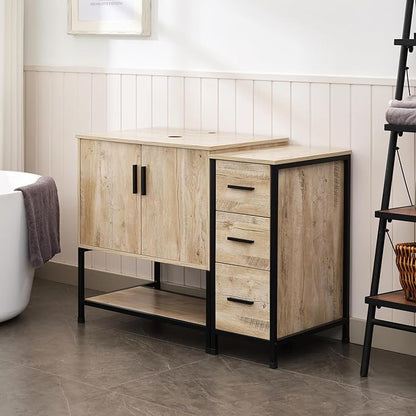 UEV 42" Rustic Oak Bathroom Vanity with Sink Combo,Industrial Iron Frame Bathroom Cabinet Sets with 3 Drawers Side Cabinet(Without Sink Combo)