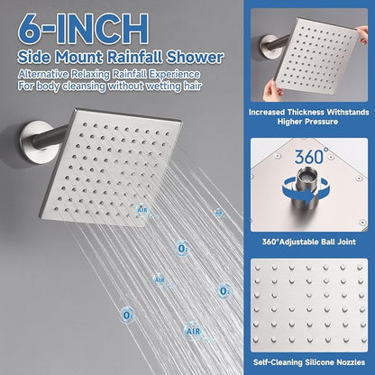 Dual Rainfall Shower Head System, Push Button Shower Faucet Set with 12" Ceiling Mount Rain shower head and 6" Wall Mount Shower Head, Pressure Balance Rough-in Valve (Brushed Nickel)