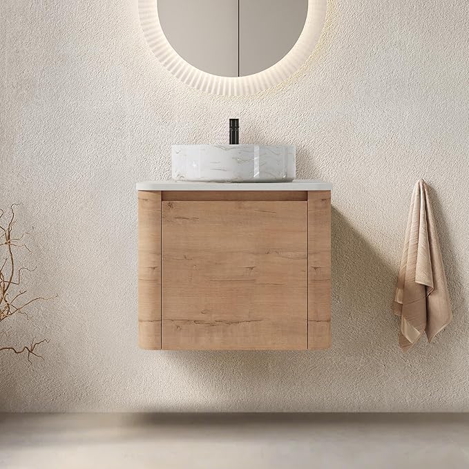 LKTART 24 Inch Floating Bathroom Vanity with Sink, Modern Wall Mounted Bathroom with Soft Close Door, White Stone Round Ceramic Basin and Sintered Stone Top