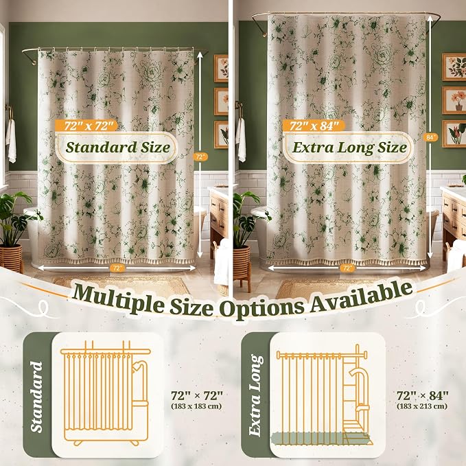 Vintage Green Floral Shower Curtain with 12 Clear Rings - 72" W x 84" L | Farmhouse Fabric Faux Linen Shower Curtain Set, French Country Cottagecore Style Shower Curtain for Bathroom
