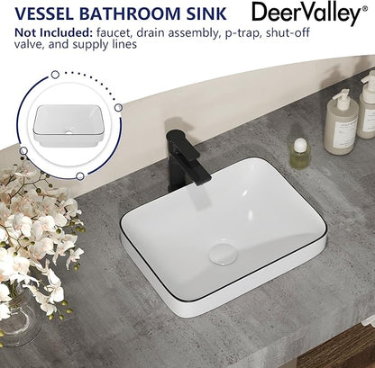 DeerValley Vessel Sink Rectangular, Liberty 15.94"x12.01" White Semi Recessed Bathroom Sink with Black Rim Ceramic Porcelain Rectangle Bathroom Vessel Sink Above Counter Vanity Sink Basin DV-1V0347