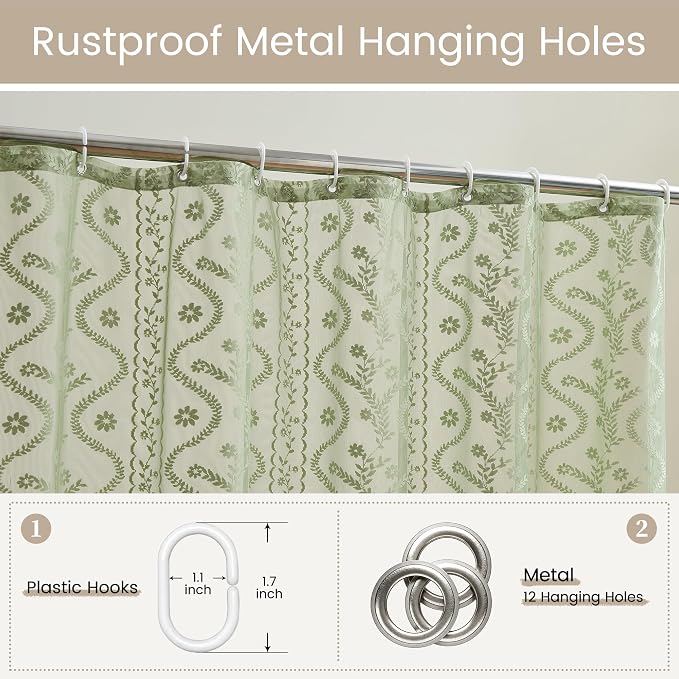 WAZZIO Sage Green Lace Shower Curtain - Vintage Pretty Floral Sheer Shower Curtains, Elegant Decorative Tassel Bath Curtains for Bathroom, 72 x 96 Inch, 1 Piece