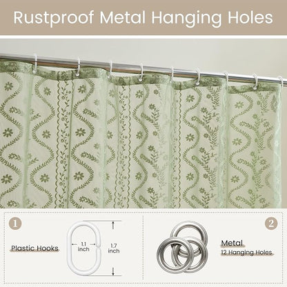 WAZZIO Sage Green Lace Shower Curtain - Vintage Pretty Floral Sheer Shower Curtains, Elegant Decorative Tassel Bath Curtains for Bathroom, 72 x 96 Inch, 1 Piece