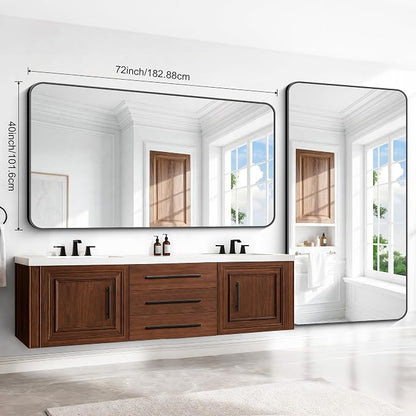 BONEWEI 72x40 inch Large Bathroom Mirror,Black Rectangle Mirror,Wall Mounted Bathroom Frame Vanity Mirror with Round Corner for Bedroom Living Room, Entryway Hangs Horizontal or Vertical