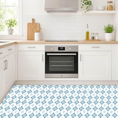 Blue White Floral Geometric Peel and Stick Floor Tiles 12x12 Inch 10PCS | Blue white floral geometric tile pattern vinyl floor stickers for kitchen bathroom entryway and indoor home decor