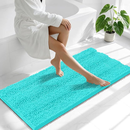Smiry Thick Chenille Bathroom Runner Rugs 47x24, Absorbent Bath Mat, Teal | Quick‑Dry & Machine Washable, Non‑Slip Bath Carpet, Soft Striped Bath Rugs for Tub & Shower, Modern Home Decor Accessories