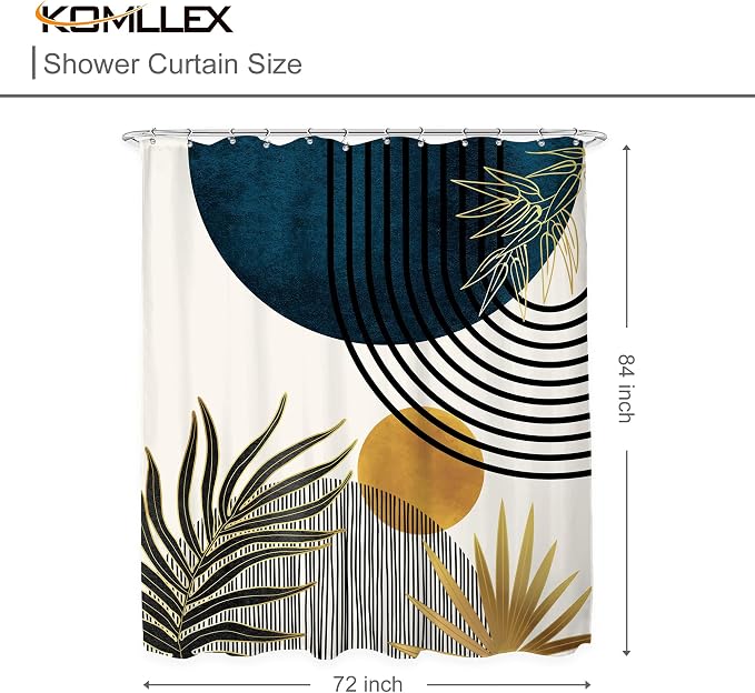 KOMLLEX Mid Century Blue Boho Abstract Modern Bathroom Shower Curtain Set | 60Wx72L Plant Botanical design, waterproof HD print with fast-drying fabric and 12 hooks.