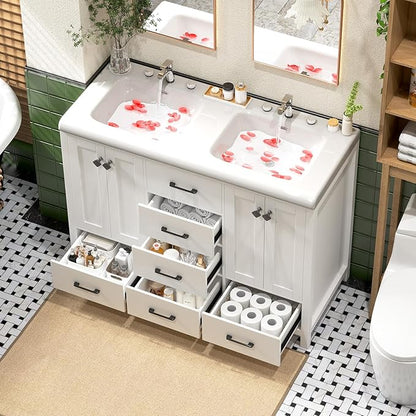 48 Inch Bathroom Vanity with Sink, White Bathroom Vanity Cabinet with Doulble Sink, Bath Vanities with 4 Doors and 5 Drawers, 20" D x 48" W x 36" H