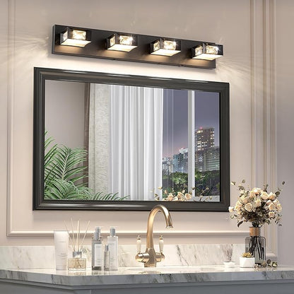 Joossnwell Black Vanity Light for Bathroom (4-Light, 28-Inch) Crystal Bath Light Fixtures 5CCT Dimmable Modern Led Bathroom Light Over Mirror with 350°Rotatable Head