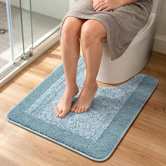 Toilet Rugs U-Shaped 24x19, Non-Slip Plush Shaggy Quick Dry Bathroom Contour Rugs, Extra Soft Absorbent Chenille Washable Bath Mat for Toilet Base, Dusty Blue