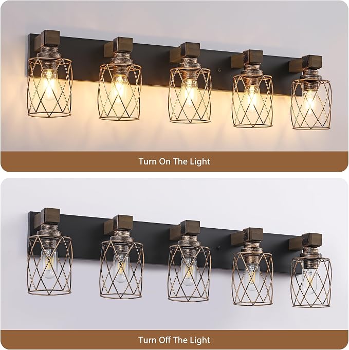 5-Light Black Gold Farmhouse Vanity Light, Wood & Metal Cage Shade | Mounted Over Mirror, Industrial Rustic Style, Ideal for Bathroom, Bedroom, Hallway & Living Room, Easy To Install