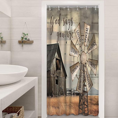 Retro Inspirational Quotes Vintage Shower Curtain Sets for Bathroom,Western Windmill Barn Door Shower Curtains, Small Size Farmhouse RV Bath Curtains for Campers with Hooks 36X70IN