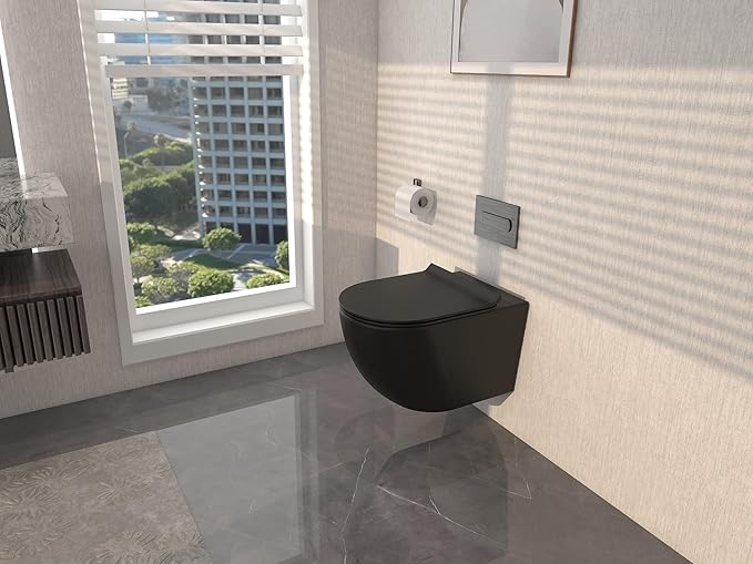 MEJE Wall Hung Toilet Bowl including Soft Close Seat,Dual Flush,Matte Black (Seat Included)