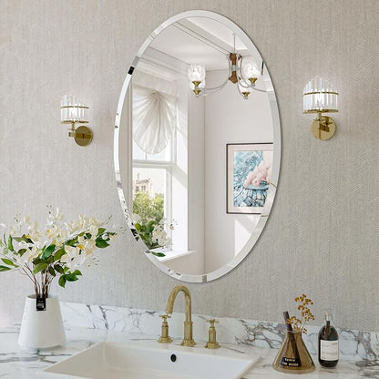Frameless Oval Mirror, 18"x26" Oval Beveled Bathroom Mirrors | Frameless, 15mm beveled edge, 5mm HD glass, anti-rust, french cleat, horizontally or vertically, for bathroom/bedroom