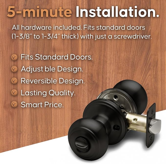 Copper Creek Colonial Privacy Interior Door Knob – ANSI Grade-3 Certified, Modern Heavy Duty Handle, Easy Install and Reversible for Bedroom, Bathroom and Closets – Matte Black (6 Pack)