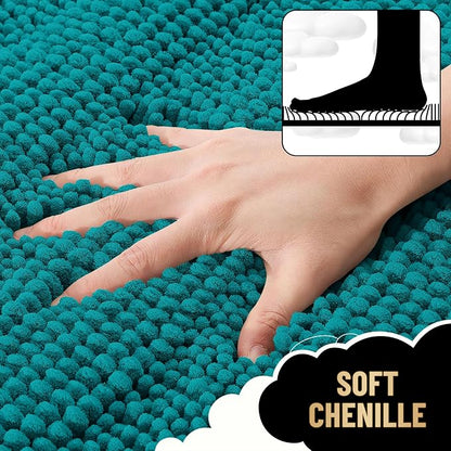OLANLY Thick Bathroom Runner Rugs 44x24, Soft Chenille Bath Rugs, Deep Lake | Absorbent Striped, Rubber Backing, Machine Wash, Long Bath Mats for Bathroom Floor, Tub and Shower, Home Decor Accessories
