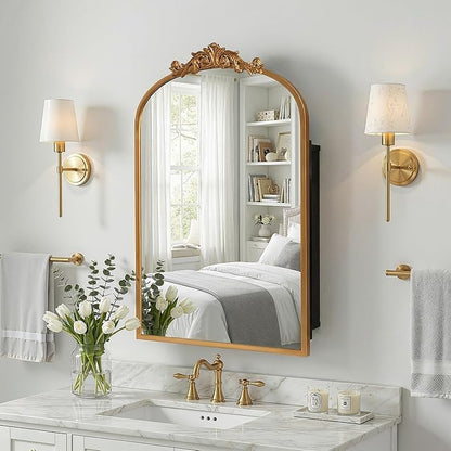 Casaphoria 30" H x 20" W Arched Bathroom Medicine Cabinet with Mirror, Carved Metal Frame and Wall Medicine Cabinets Mirrors, Gold O