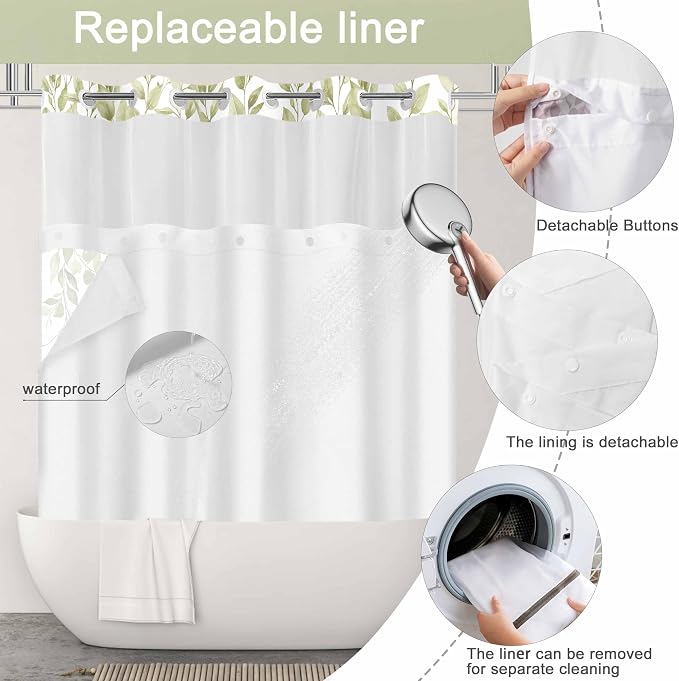No Hook Shower Curtain and Liner Set, Beige Eucalyptus 71x74 | Floral Design, with Snap in Liner, Waterproof, Machine Washable, Quick-Drying, for Hotel Bathroom