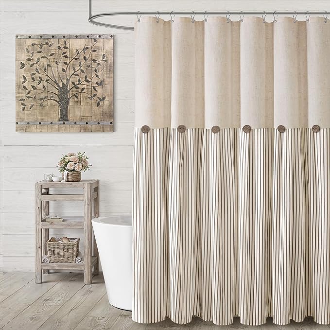 Farmhouse Shower Curtain Linen Button Beige Stripe 72" W x 80" L | Farmhouse Style, Chic Button, Striped, Linen Fabric, Rustic, Country, Natural Look, Washable, for Bathroom Bathtub