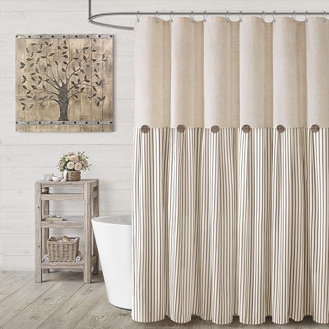 Farmhouse Shower Curtain Linen Button Beige Stripe 60" W x 72" L | Farmhouse Style, Chic Button, Striped, Linen Fabric, Rustic, Country, Natural Look, Washable, for Bathroom Bathtub