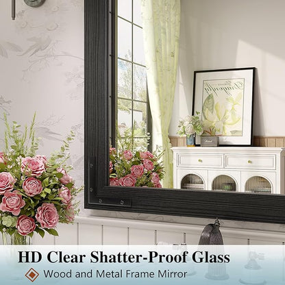 Farmhouse Mirror for Bathroom, 40x30 Inch Black Vanity Mirror for Wall, Wood Framed Rustic Mirror Rectangular Wall Decor Mirrors for Entryway Living Room Bedroom